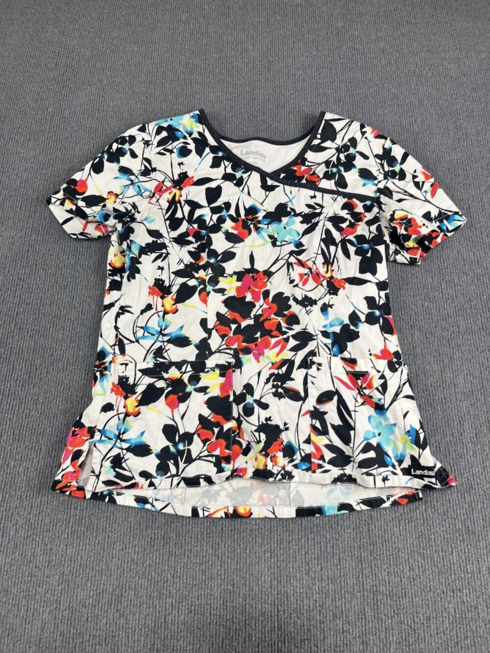 Landau Womens Floral Print V-Neck Medical Scrub Top With Pockets Medium